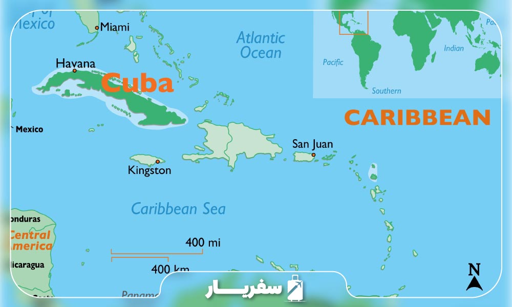 کوبا بر روی نقشه جغرافیایی